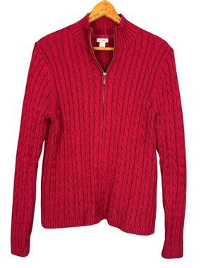 L.L.Bean Red Cable Knit Zip Cardigan Women’s Large Cotton Classic Preppy Sweater